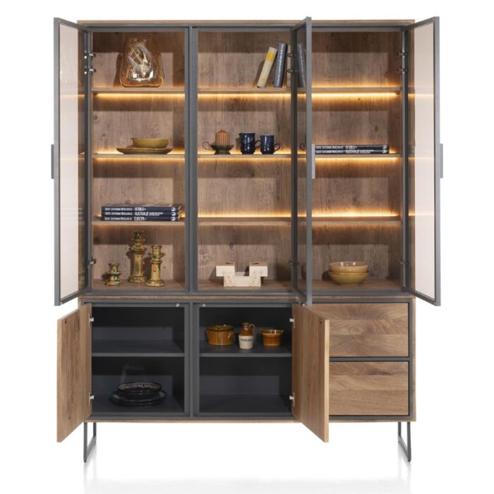 Buffetkast Trapani 160 Cm - 3-Glasdeuren + 2-Deuren + 2-Laden (+ LED)