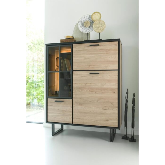 Avalon, Highboard 120 Cm - 2-Deuren + 1-Glasdeur + 1-Klep (+ LED) - Natural