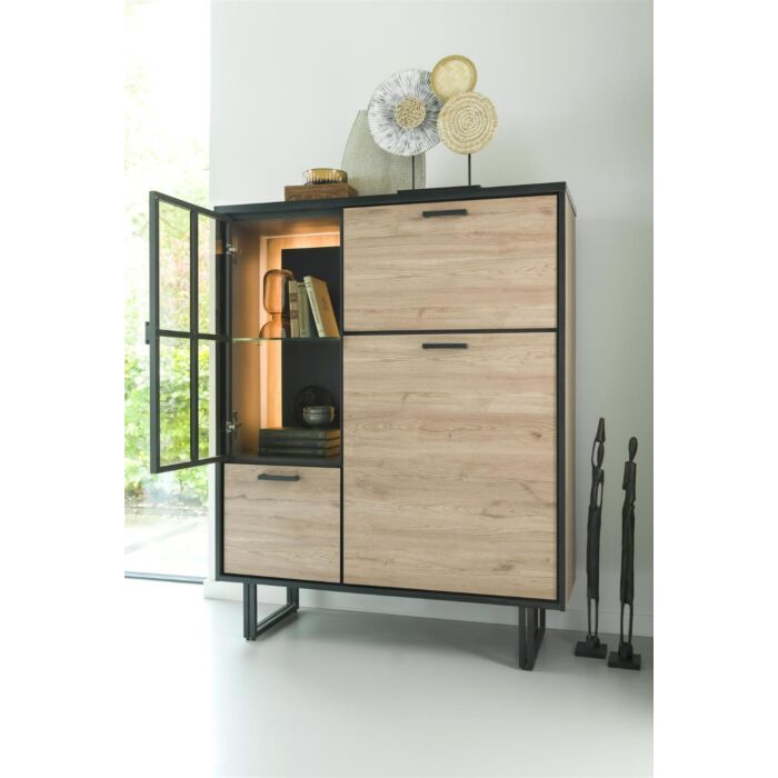 Avalon, Highboard 120 Cm - 2-Deuren + 1-Glasdeur + 1-Klep (+ LED) - Natural