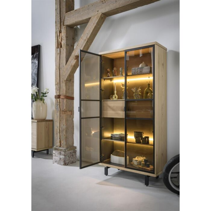 Ridgefield, Vitrine 100 Cm - 2-Glasdeuren + 2-Laden (+ LED) - Natural