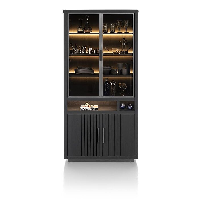 Pavie, Vitrine 100 Cm - 2-Glasdeuren + 2-Deuren + 2-Niches (+ LED) - Castle Black