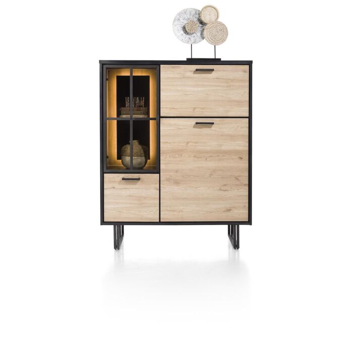 Avalon, Highboard 120 Cm - 2-Deuren + 1-Glasdeur + 1-Klep (+ LED) - Natural