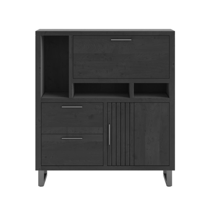 Pavie, Highboard 125 Cm - 1-Deur + 2-Laden + 1-Klep + 3-Niches (+ LED) - Castle Black