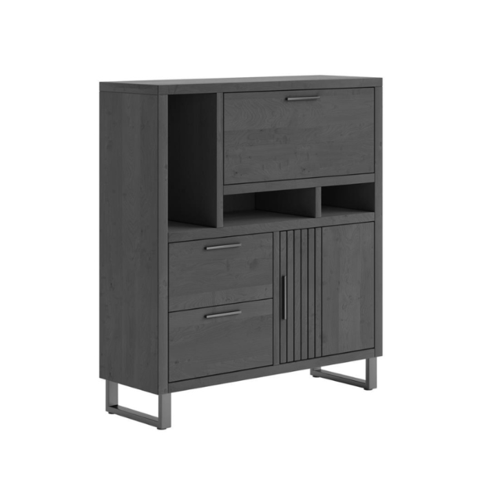 Pavie, Highboard 125 Cm - 1-Deur + 2-Laden + 1-Klep + 3-Niches (+ LED) - Castle Black