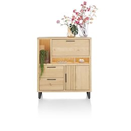 Pavie, Highboard 125 Cm - 1-Deur + 2-Laden + 1-Klep + 3-Niches (+ LED) - Natural